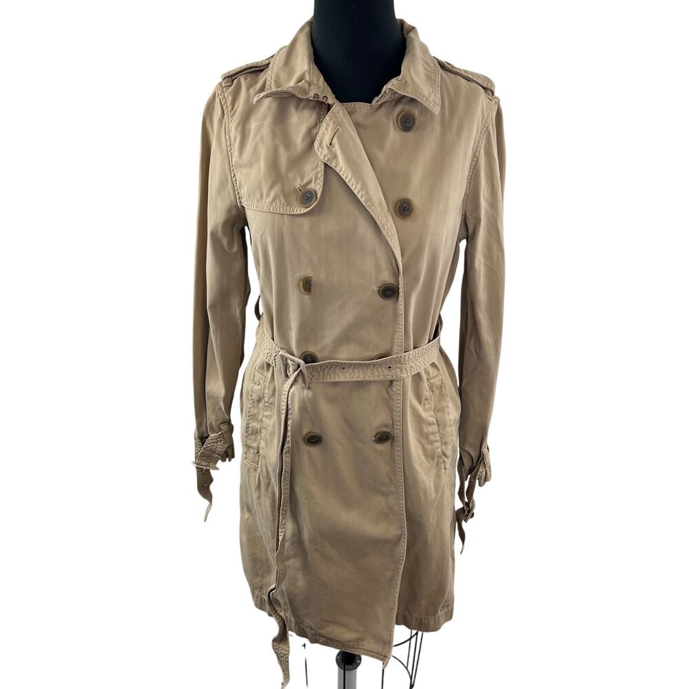 J CREW Icon Beige Trench Coat Cotton Collared Waist Belt Double Breasted 10 FLAW